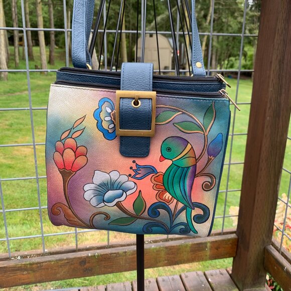 Anuschka Handbags - Anuschka Crossbody Hand-Painted Leather Flower and Bird Handbag